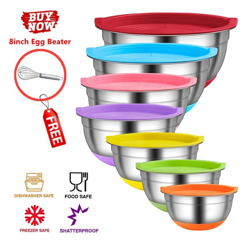 Stainless Steel Nesting Mixing Bowls with Airtight Lids Kitchen Food Salad Bowls Set Non-slip Silicone Bottom Whisking Bowls Set