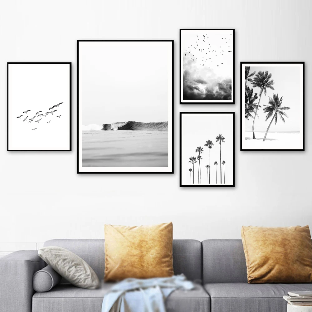 

Black and White Palm Tree Poster Beach Bird Canvas Painting Seascape Art Print Norbic Wall Picture For Living Room Home Decor