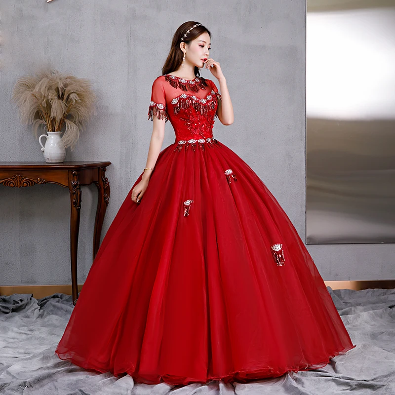 2022 Elegent 와인 레드 Tulle Quinceanera 드레스 긴 가장 무도회 드레스 Vestidos 드 15 Anos Applique 페르시 파티 볼 가운