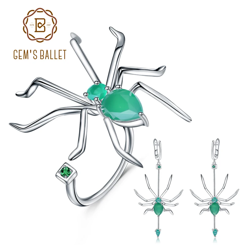 

GEM'S BALLET Natural Green Agate Gemstone Earrings Ring Set 925 Sterling Silver Spider Shape Jewelry Set For Women Fine Jewelry