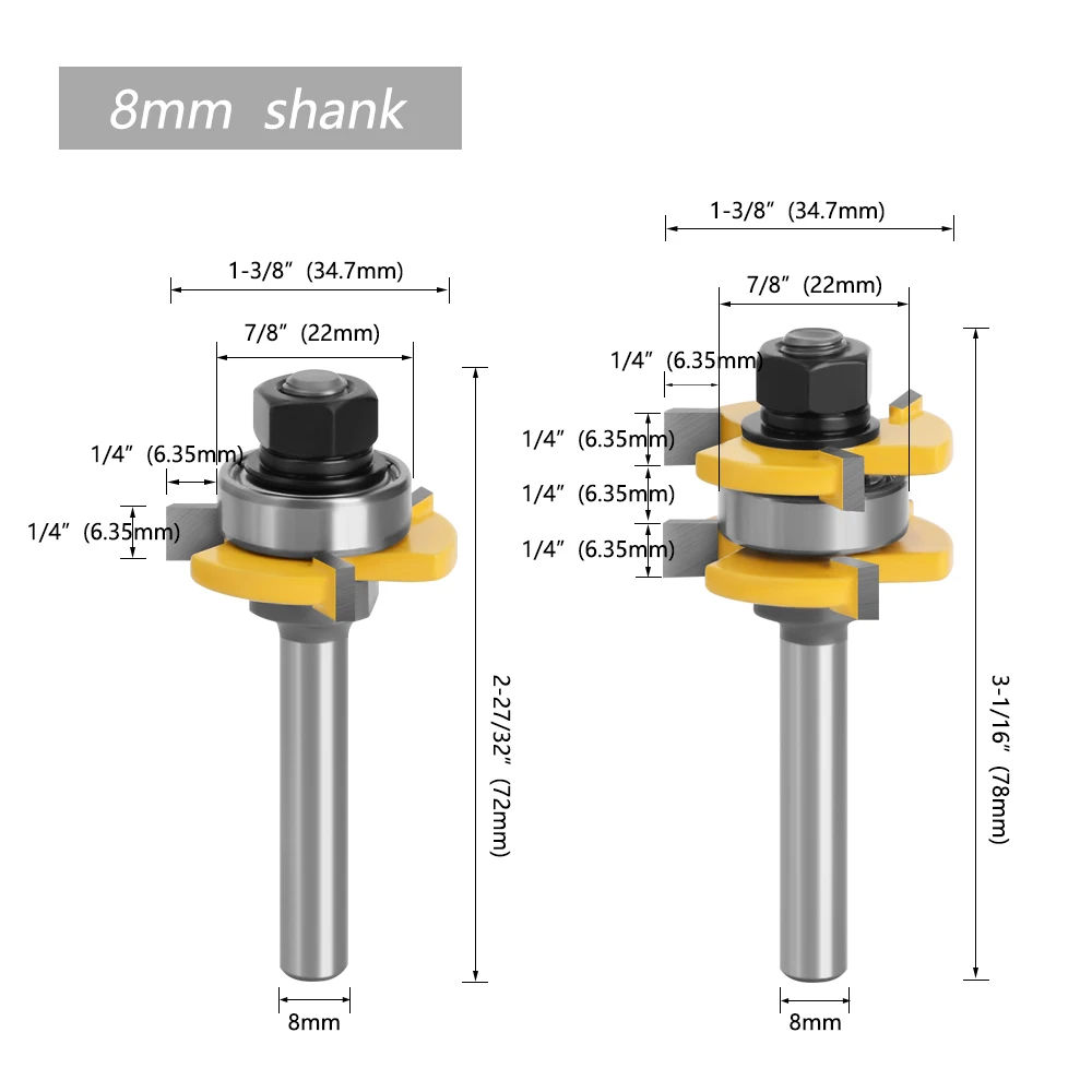 LAVIE 2pcs 8mm Shank Joint Assemble Router Bits Tongue & Groove T-Slot Milling Cutter for Wood Woodwork Cutting Tools MC02121