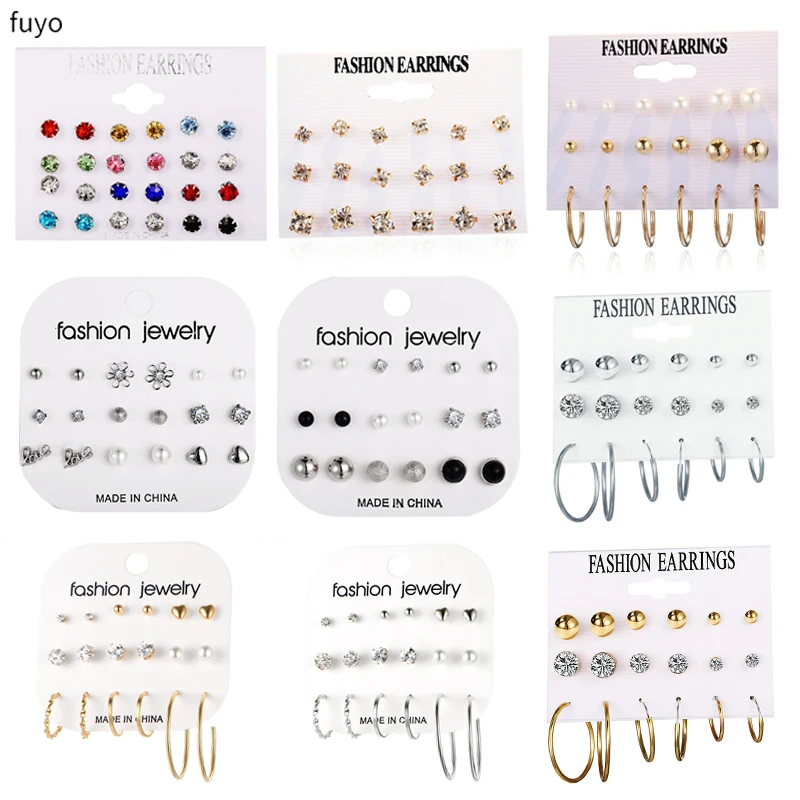 

Crystal Stud Earrings Set With Card Zircon Balls Love Flowers Earrings Women Imulated Pearl Earring Kit Wedding Bride Jewelry