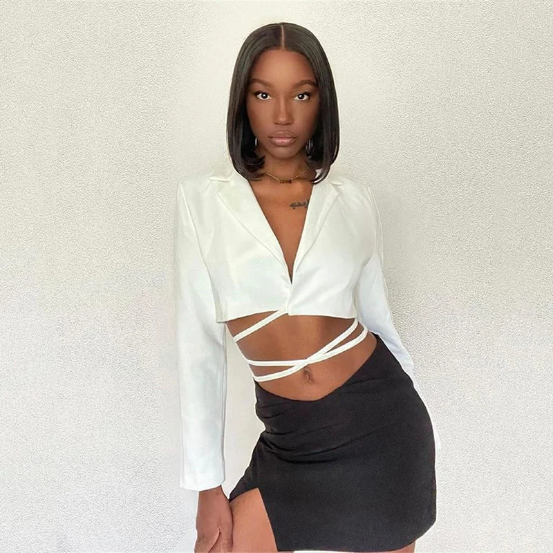 Sibybo Casual Blazer Two Piece Sets Women Matching Sets 2021 Autumn Bandage Long Sleeve Blazer Top And Split Mini Skirts Outfits