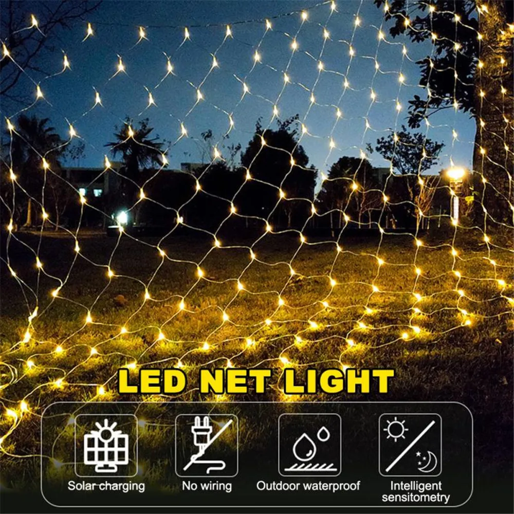 Solar Mesh Net Light Led Fairy String Window Curtain Lights 8 Modes Home Lighting Garden Decoration With Remote Control