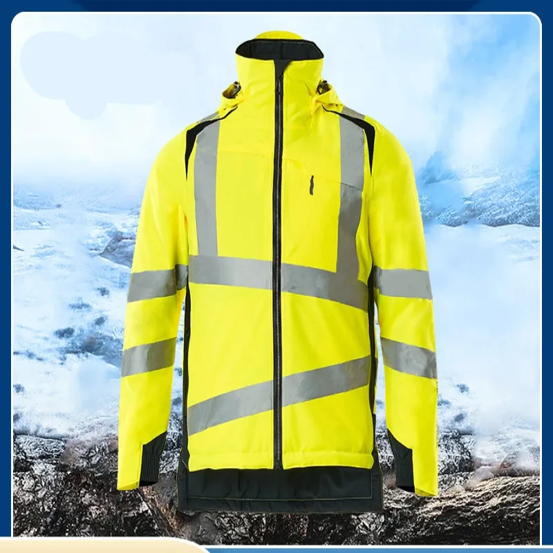 Winter Thick Reflective Hi Vis Jacket Cotton Padded Jacket Hooded Jacket Motorcycle Safety Work Jacket Wind Water-proof Coats4xl