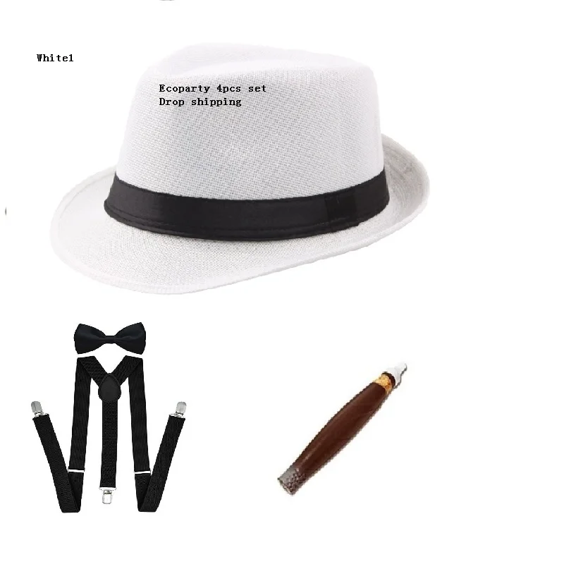 MENS GANGSTER PANAMA HAT TIE CIGAR 1920\'S MAFIA ADULT FANCY DRESS COSTUME