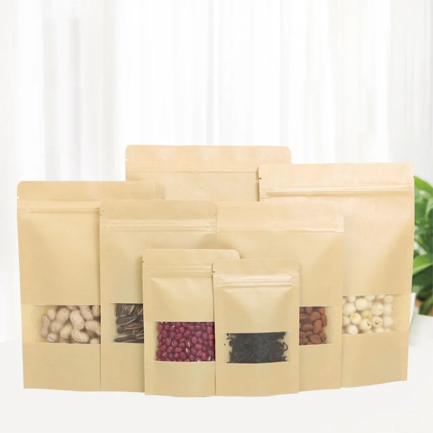 

1000Pcs/Lot Kraft Paper Bags ZipLock With Frosted Window Stand Up Resealable Grip Ziplock Pouches Tea Coffee Bean Packaging Food