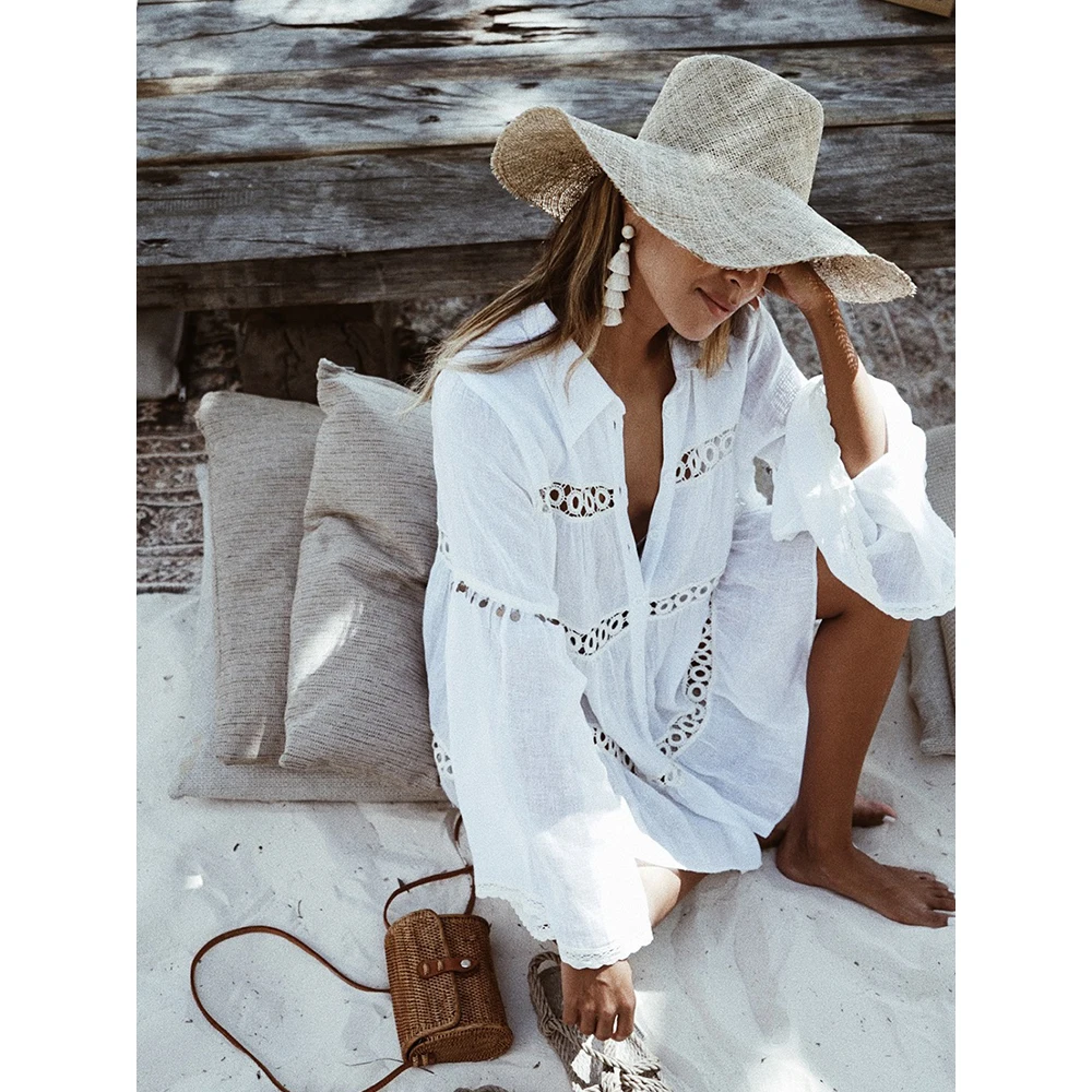 Bikini Cover Up Lace Hollow Crochet Swimsuit Beach Dress Women 2025 Summer Ladies Cover-Ups Bathing Suit Beach Wear Tunic