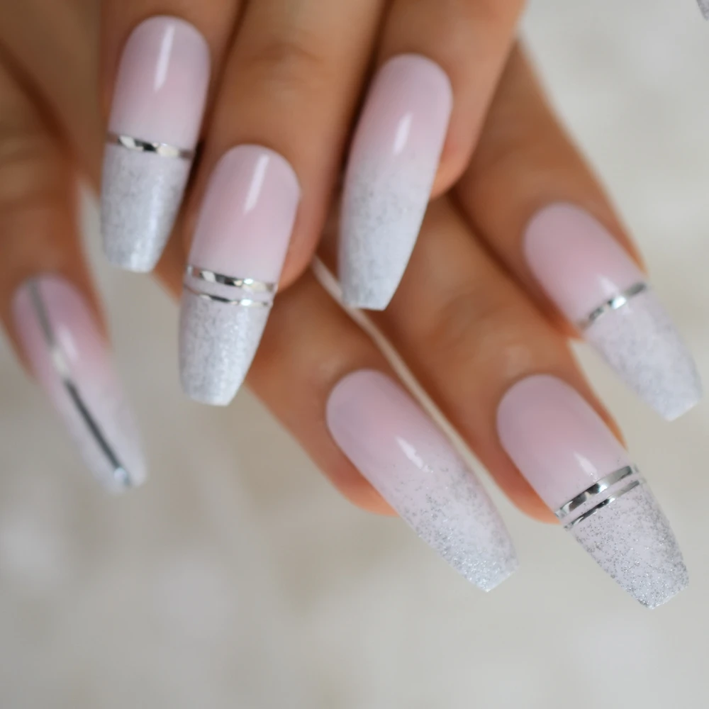 Glossy Baby Roze Ombre Franse Doodskist Druk Op Kunstnagels Extra Lange Zilveren Glitter Cross Line Gel Fake Vingers Ballet nail