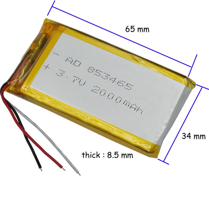 3.7V 2000mAh 7.4Wh 3-Wires NTC Thermistor Li-Polymer Li Lithium Battery 853465 For Bluetooth Speaker GPS LED Light GPS Dashcam