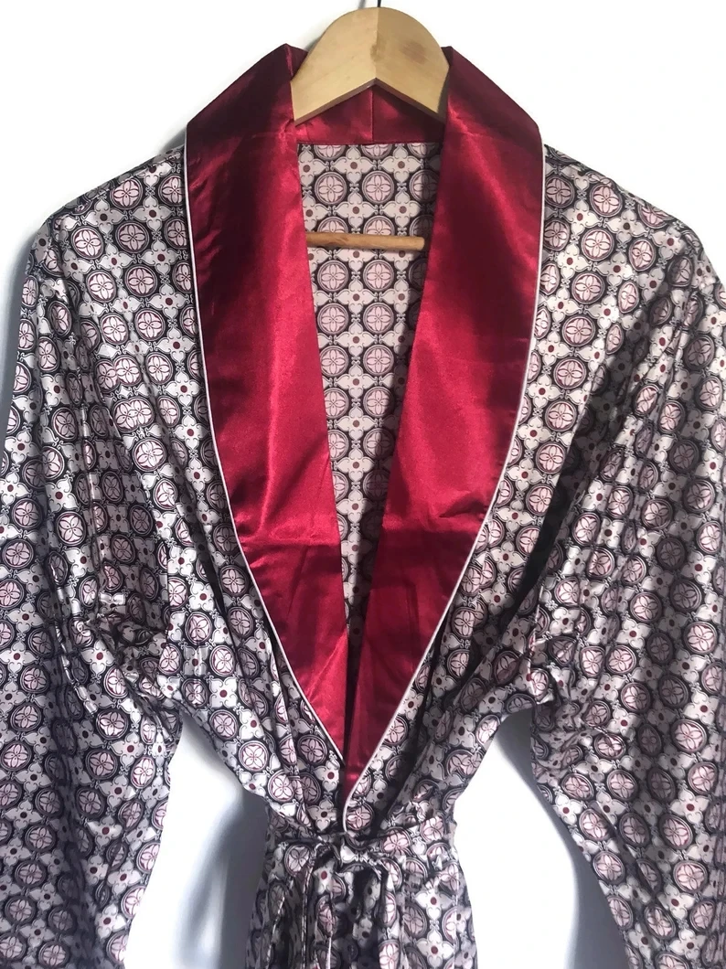 Mens Robe | Smoking Jacket | Boho Dressing Gown | Retro 1970s Vintage Style 70s Pattern | Satin Silky Loungewear Housecoat Gift