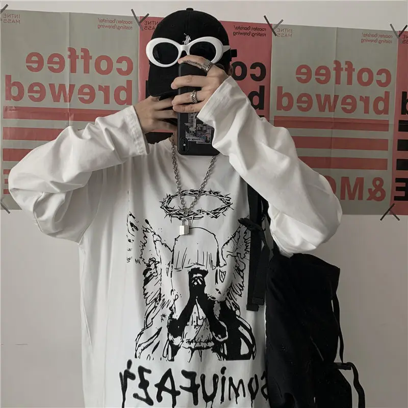 Autumn Long Sleeve T-shirt Men Gothic Print High Street O-neck Tees Oversized Dark Academia T Shirt Male Ins Fashion Unisex Top