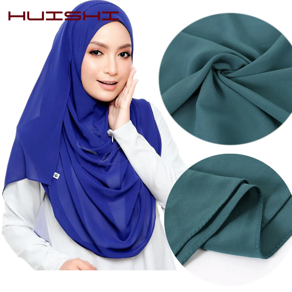 HUISHI Head Scarf Women Bubble Chiffon Plain Scarf Hijab Women Wrap Solid Color Shawls Headband Muslim Hijabs scarves 61 colors