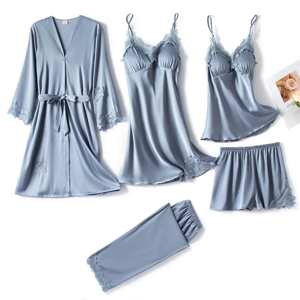 

Summer Lady Pajamas Sets Lace Satin Sleepwear PJS Sleep Suit Sexy V-Neck Chest Pads Pijamas Home Nightwear Intimate Lingerie