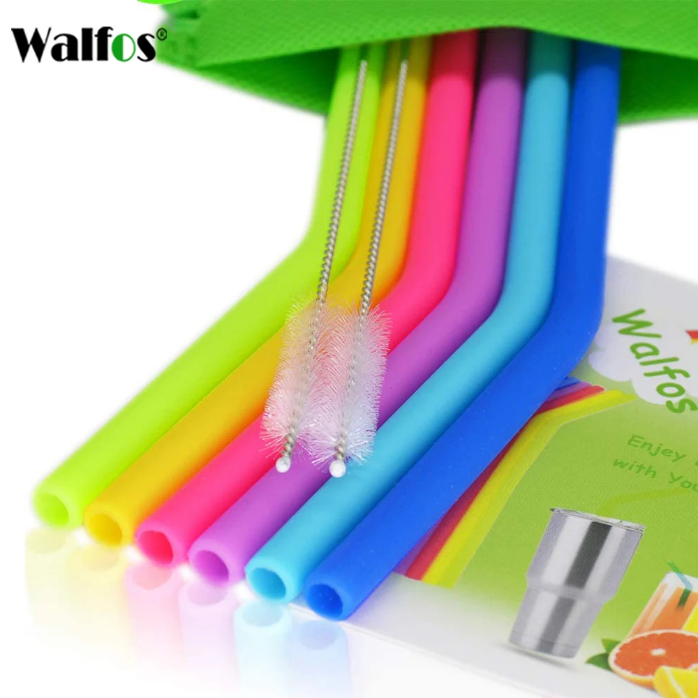 WALFOS 6 Pieces Reusable Silicone Drink Straws Food Grade Regular Size for Drinking