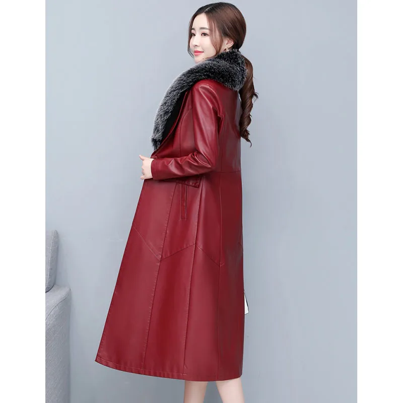 High Quality Women's Leather Coat 2022 Spring Autumn Winter Coat Long Over The knee Leather Jacket Slim Women Windbreaker 5XL