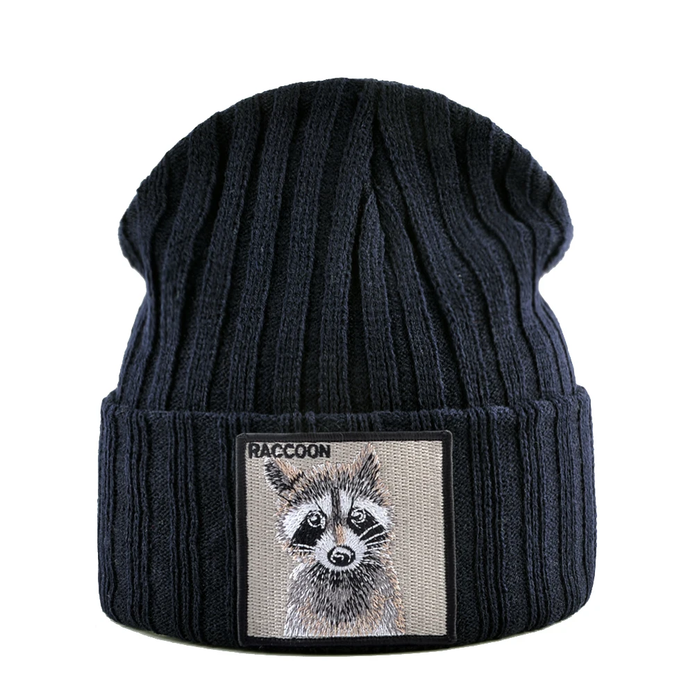 Embroidered Raccoon patch hats for men Knitted wool Beanies Women Winter keep Warm SKullies Beanie Outdoor Ski caps Hip Hop cap