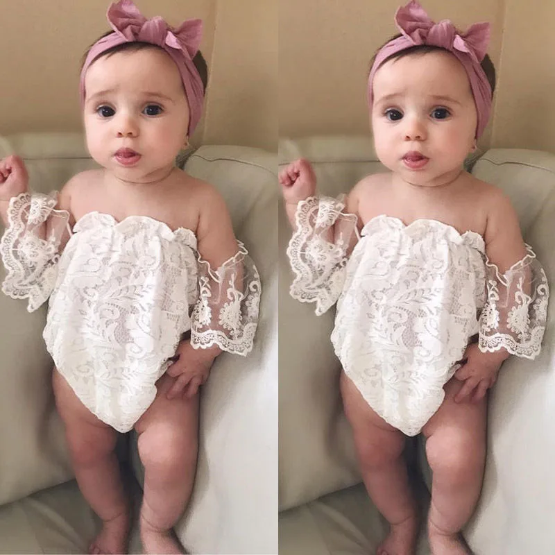 

Summer Cute Toddler Baby Girl Clothes White Lace Romper Sleeveless Hollow Out Hook Off Shoulder Backless Jumpsuit Outfits