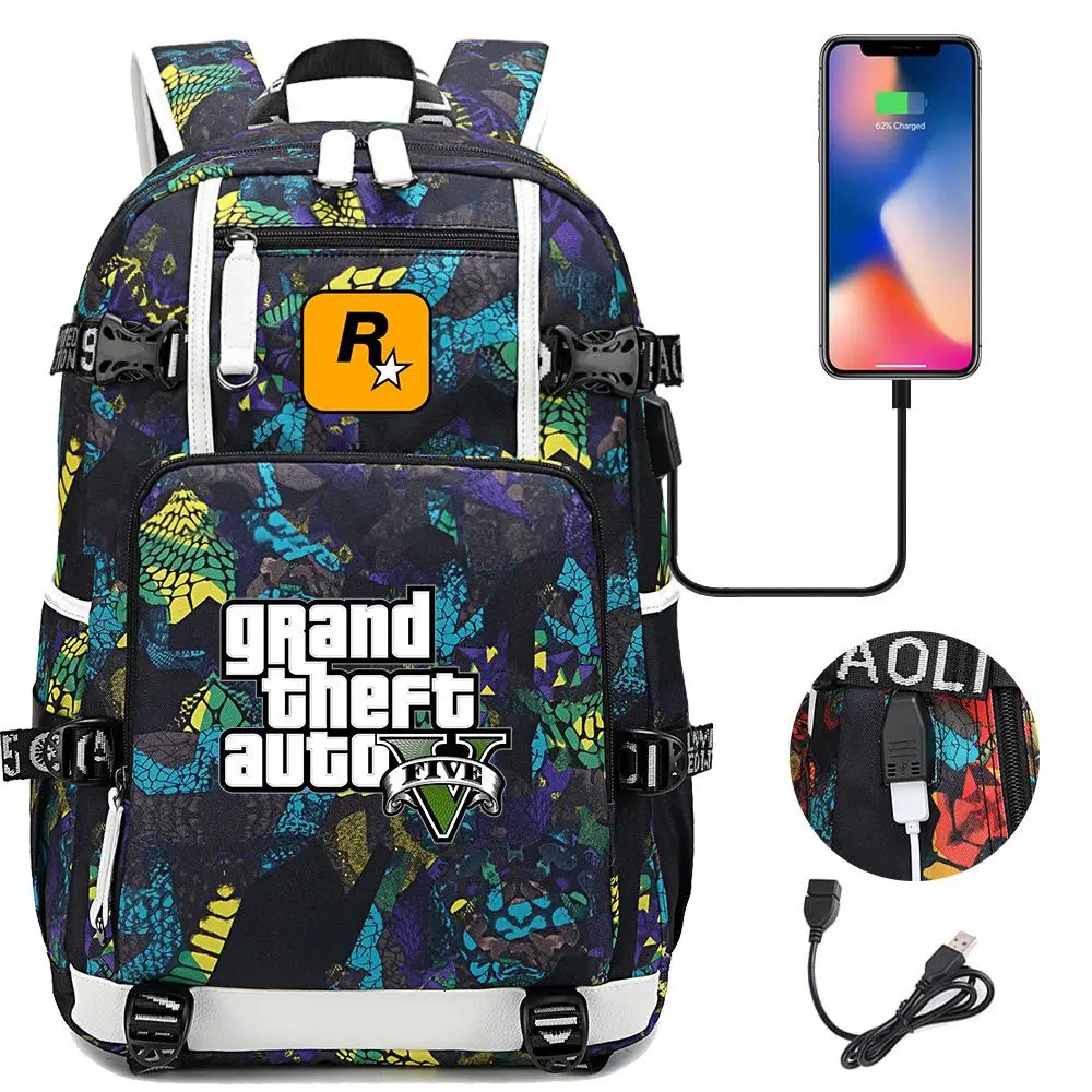 GTA5-Mochila para ordenador portátil Grand Theft Auto para hombre y mujer, de viaje con carga USB morral, multifuncional, impermeable, mochilas