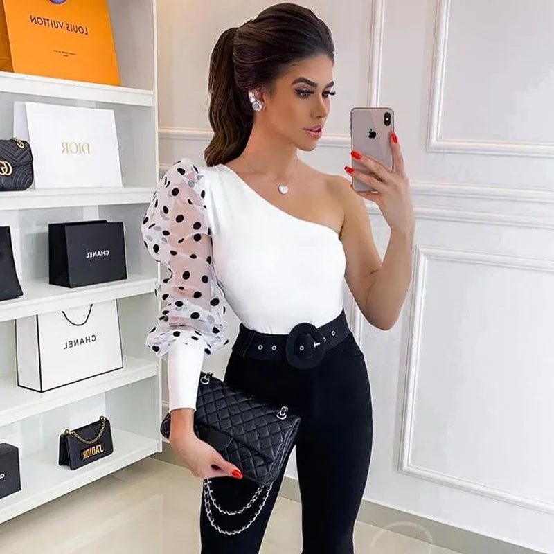 Blusa feminina de rede de malha pura manga bufante top de um ombro camisa feminina sexy tops roupas femininas slim fit blusa feminina