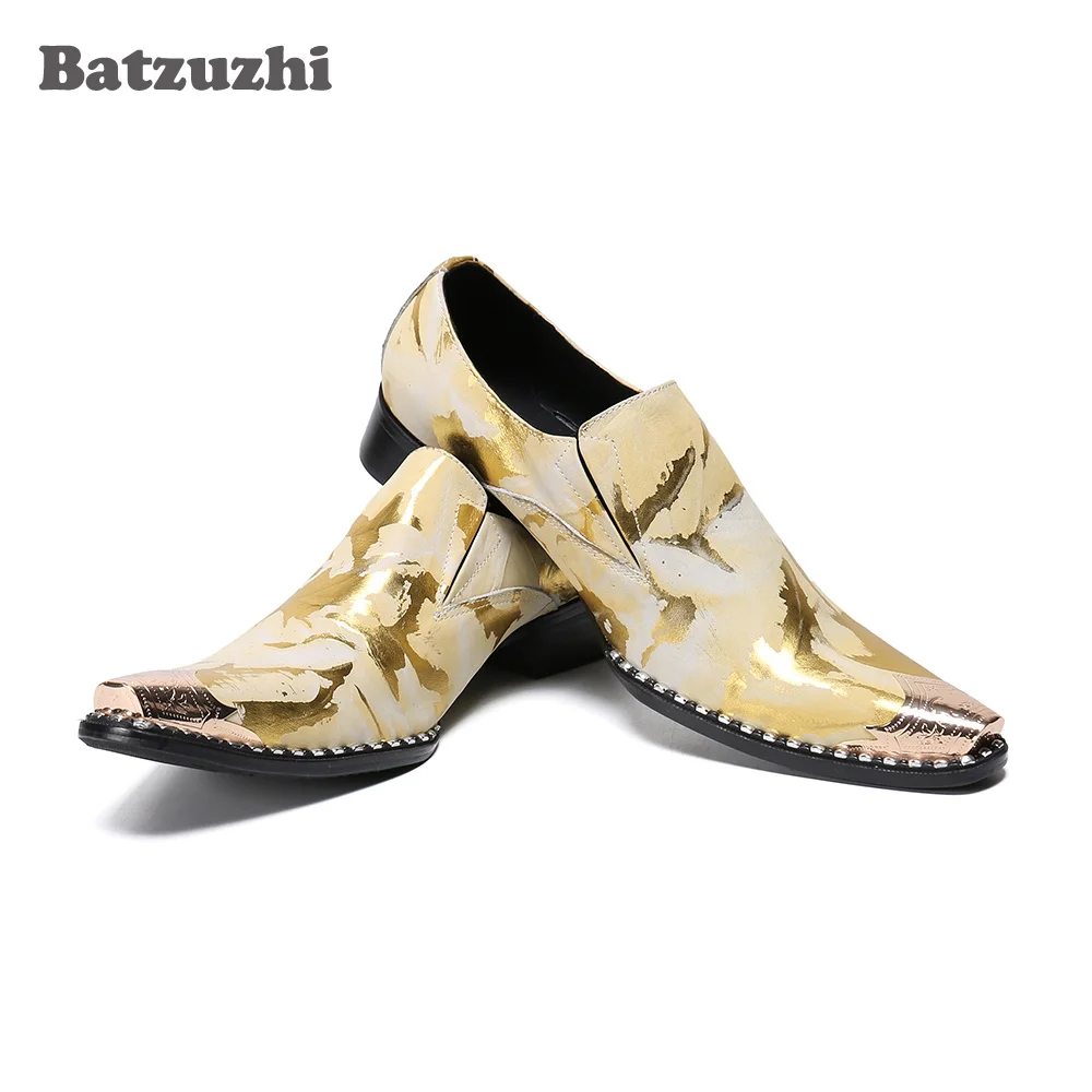 

Batzuzhi Gold Leather Dress Shoes Handmade Men Shoes Pointed Metal Tip Party & Wedding Leather Shoes Zapatos Hombre!