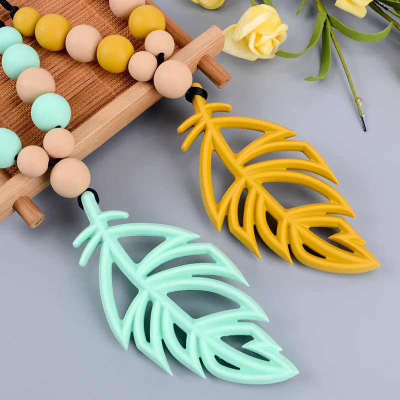 Silicone Ring Teether Molar Necklace Silicone Leaf Teether Baby Soothing Chew Pendant Toy Molar Stick Teether