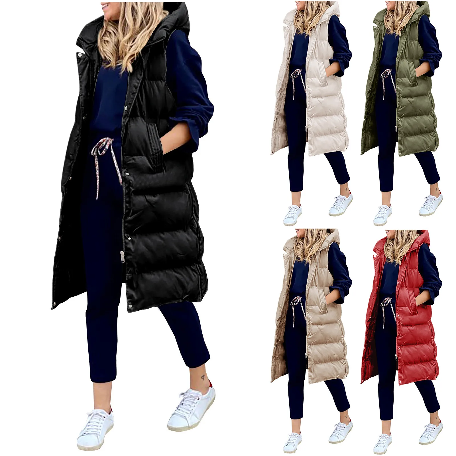 Women\'s Long Winter Coat Vest With Hood Sleeveless Warm Down Coat With Pockets Quilted Vest Down Jacket Quilted Outdoor Jacket