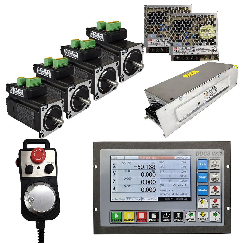 nema23/57 integrated hybrid servo motor CNC kit ddcsv3.1 4-axis motion control system DC power supply emergency stop MPG