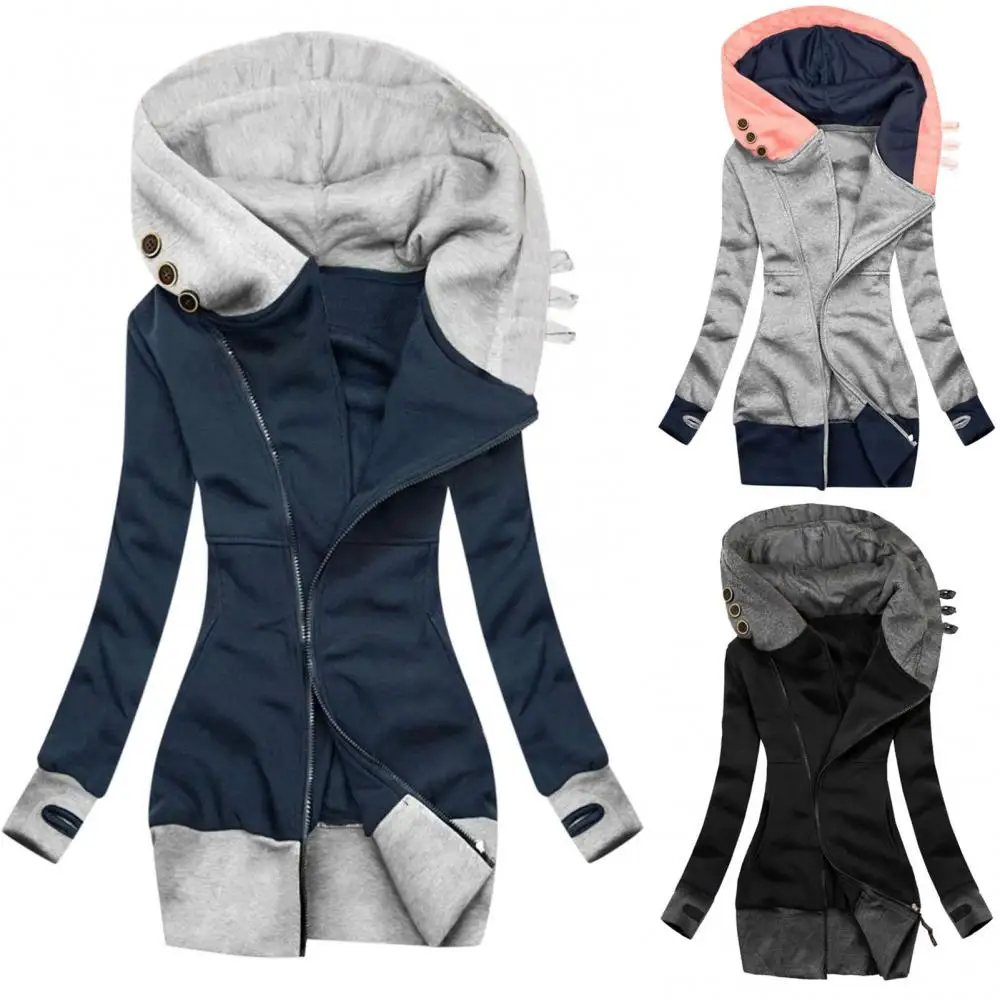 Cappotto con cappuccio autunno inverno da donna manica lunga tasca con cerniera giacca media lunga felpa giacca maglione addensata calda 2022