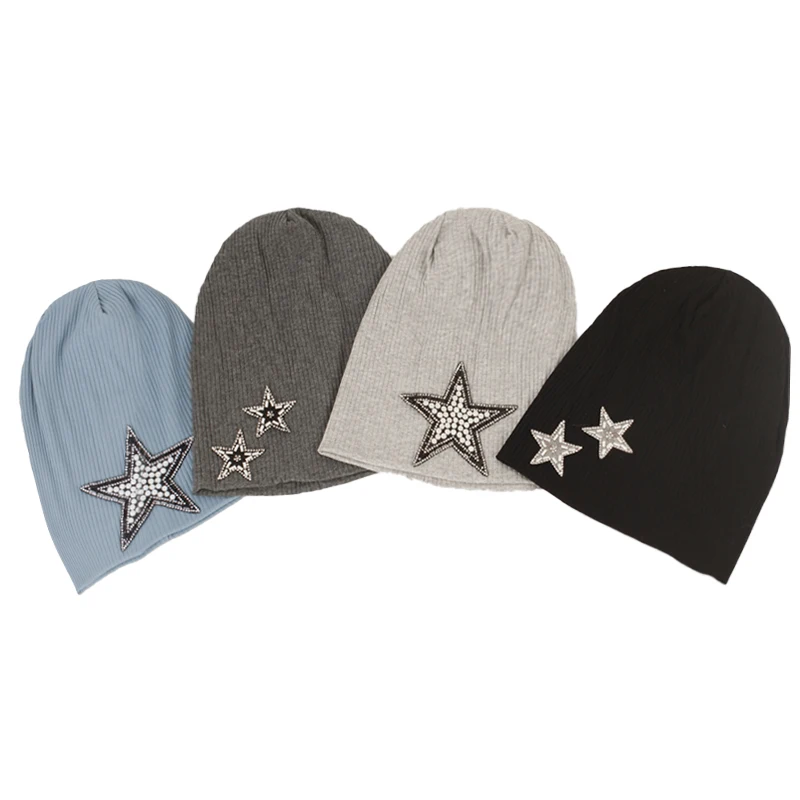 

Geebro Women Slouchy Rhinestones Shining Star Ribbed Beanies Soft Fashion Ladies Stretch Skullies Hat Bonnet Femme Cap