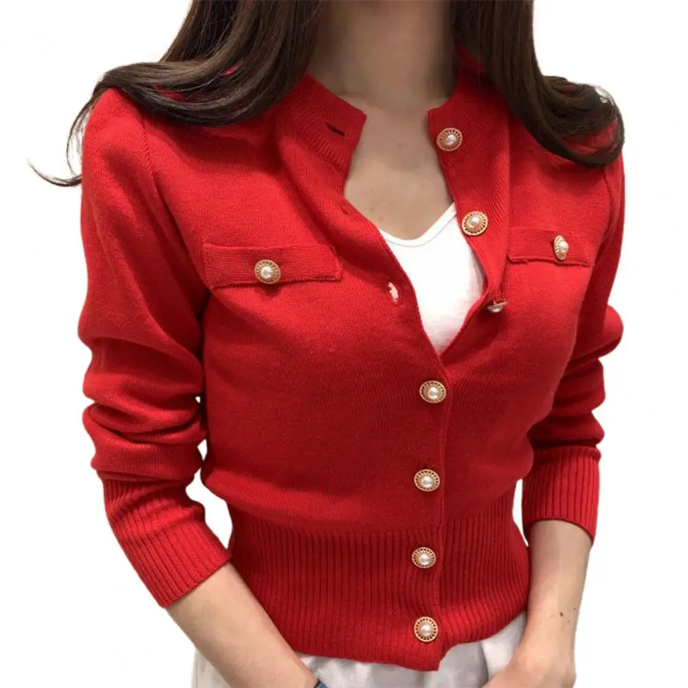 Women Cardigan Sweater Decorative Pockets Faux Pearl Buttons Knitted Coat Short Single Breasted Korean Slim Chic Ladies Tops