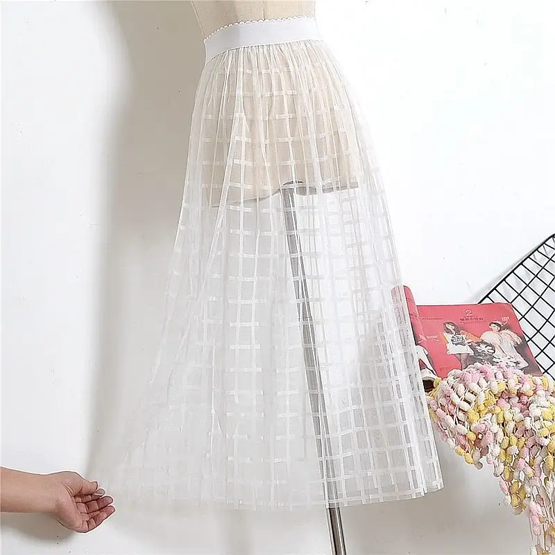 Mesh Skirts Women Summer Sexy Decoration Retro Simple Ins Party Solid Color Lace Popular Basic Clothing Princess Elegant Faldas