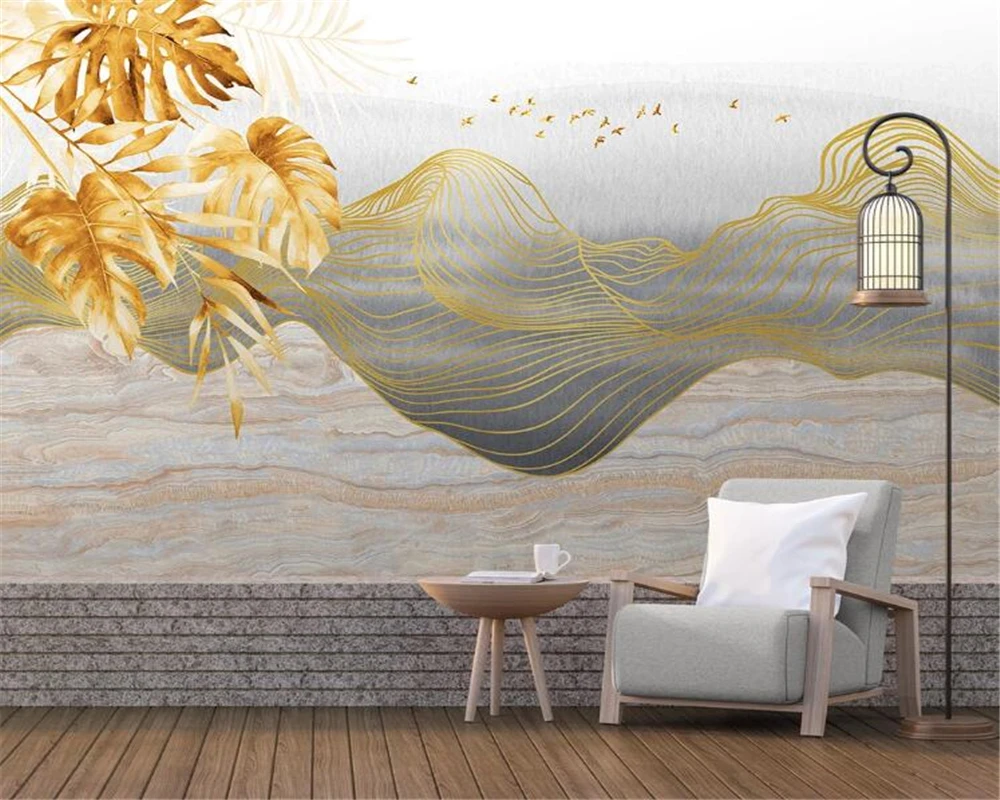 Modern photo wallpaper Abstract hand-painted gold lines landscape tropical plants bedroom background wall painting wallpaper