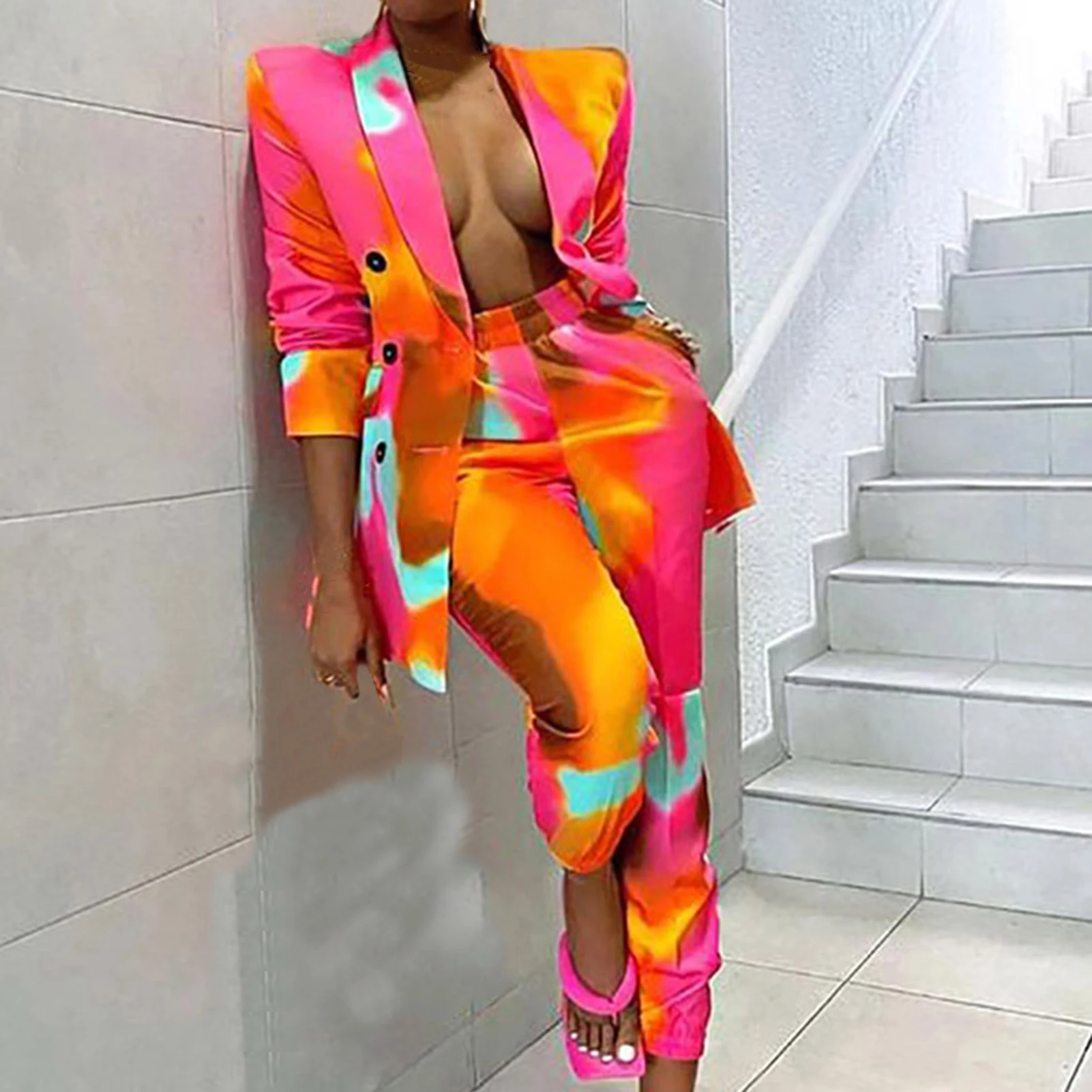 2022 Women Blazer Pants Set Korea Style Colorful Printed Leisure Right Angle Shoulder Tie Dye Pants Suit Outfits костюм женский