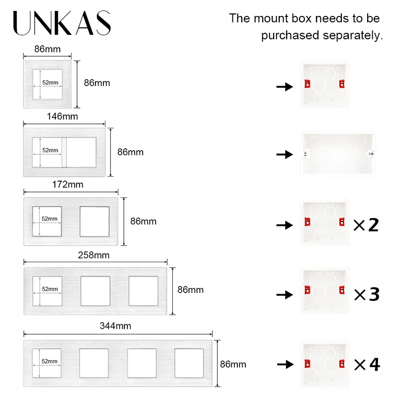 UNKAS Combinazione libera di pannelli singoli in alluminio fai-da-te per prese per interruttori a parete Moduli coordinati Presa Bianco Nero Oro