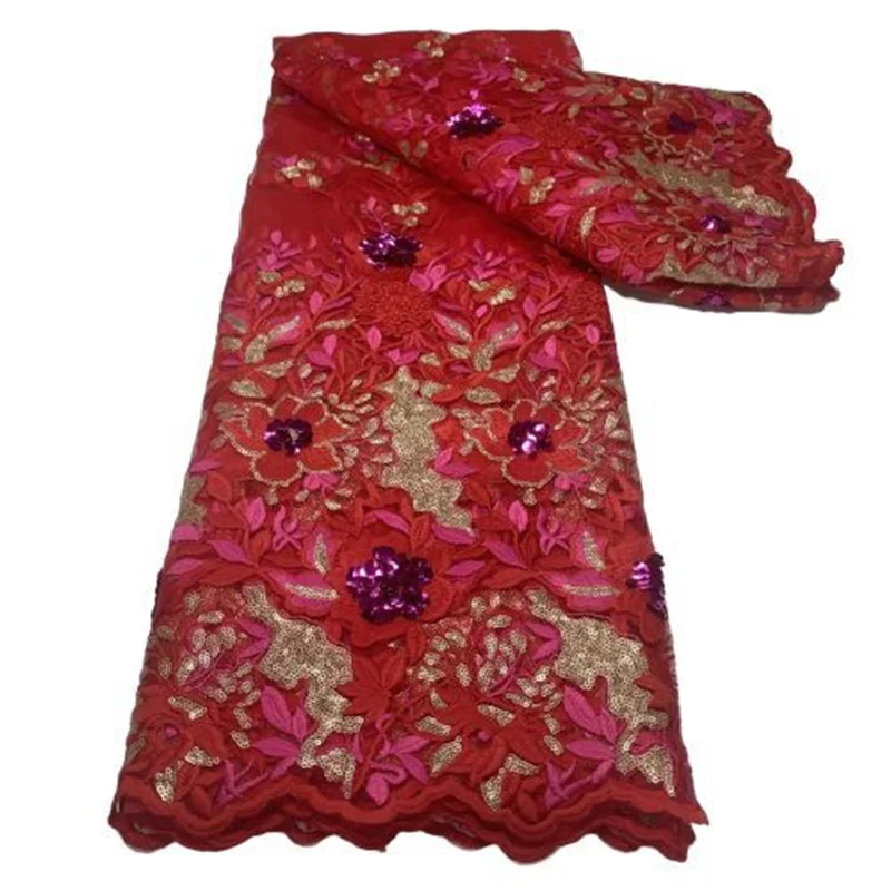 

Red Latest African Lace Fabric French Net Lace 3D Flower Sequins Embroidery Nigerian Mesh Lace Fabric For Wedding Party Dress