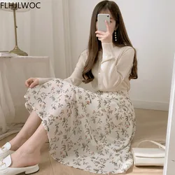 2021 Chic Korea Clothes Summer Women Cute Sweet GIrls Floral Printed Robe Holiday Date Hight Waist Long Skirts