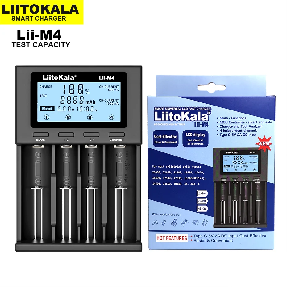 Nowa inteligentna ładowarka Lii-M4 18650 bateria litowo-jonowa LiitoKala pojemność testowa + 4 sztuki AA 1.2V NiMH 2500mAh akumulatory