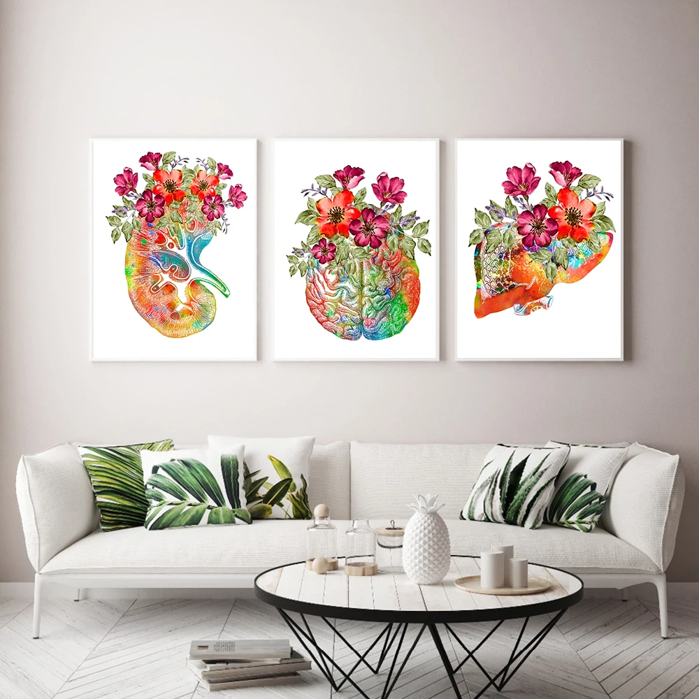 Heart Brain Kidney Lungs Flower Anatomy Wall Art Canvas Painting Nordic Posters And Prints Wall Pictures For Doctors Room Decor