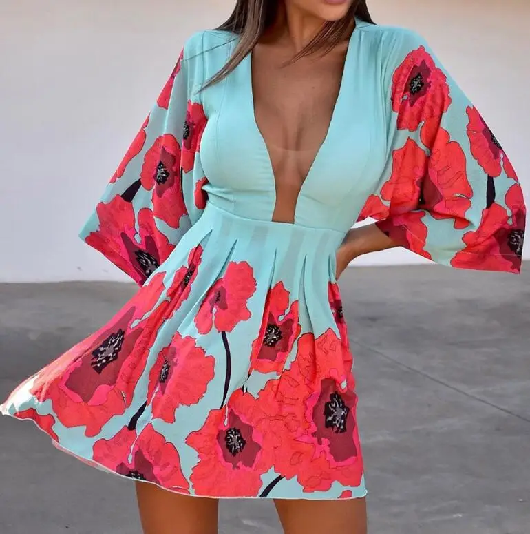 Frauen Mini Kleid Floral Print Tiefer V Neck Plunge Batwing Hülse lange Sheer A-line Kleid Boho Sexy Tragen Blume Strand party