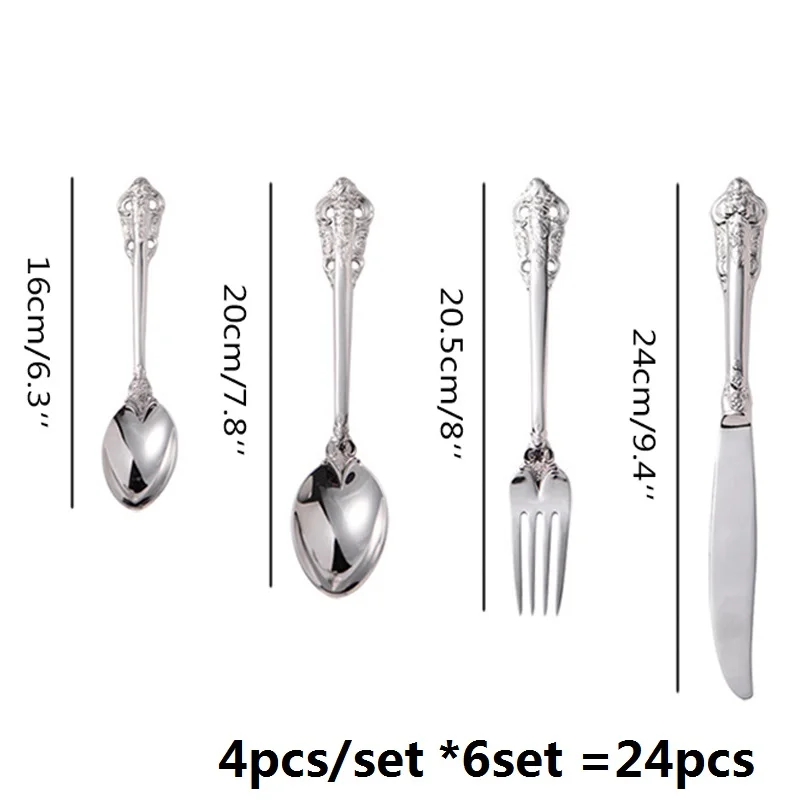 18/10 Stainless Steel European Classic Style Dinnerware Flower Engraving Handle Silverware 24pcs Vintage Silver Cutlery Set