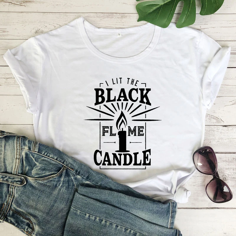 Women Short Sleeve Graphic Witch Tees Tops I Lit The Black Flame Candle T-shirt Funny Halloween Party Gift Tshirt