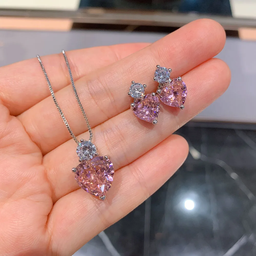 

2020 Trend Romantic Pink Heart-Shaped Quartz Created Moissanite Earrings/Pendant/Necklace Jewelry Set Gift for Women Accessories