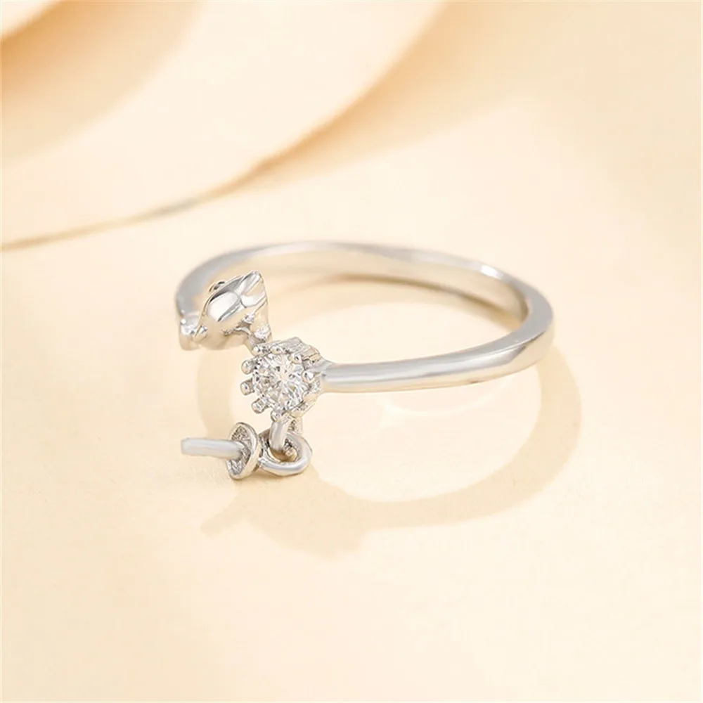 Ring Blank for 6mm-10mm Round Beads or Pearls White Gold Plated 925 Silver Zircon Ring Setting Adjustable Ring Base SR0107