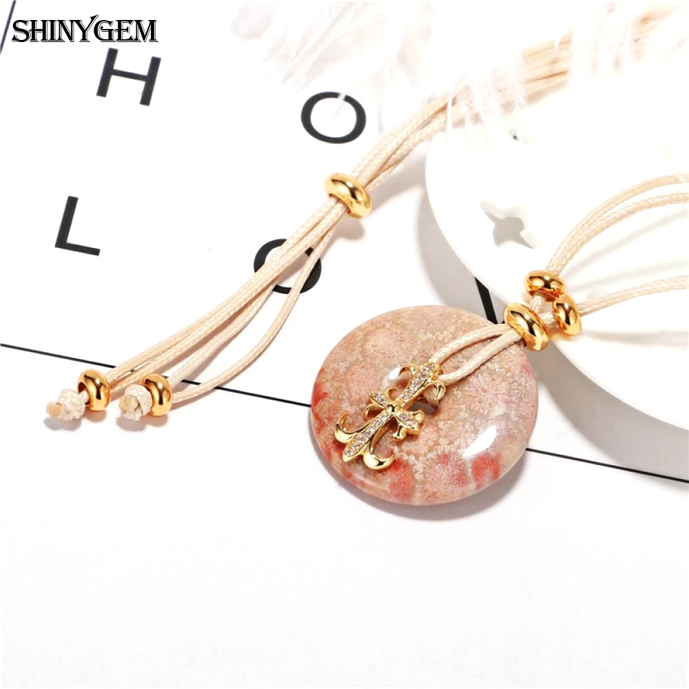 ShinyGem Lucky Big Round Natural Coral texture Stone Pendant Necklace For Women Gift Handmade Beige Leather Necklace Adjustable