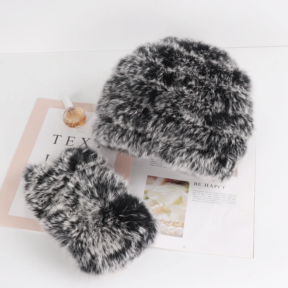 2024 New Style Ladies Fashion Real Rabbit Fur Scarves Hats Winter Women Warm Fluffy Knitted Genuine Rabbit Fur Mufflers Caps