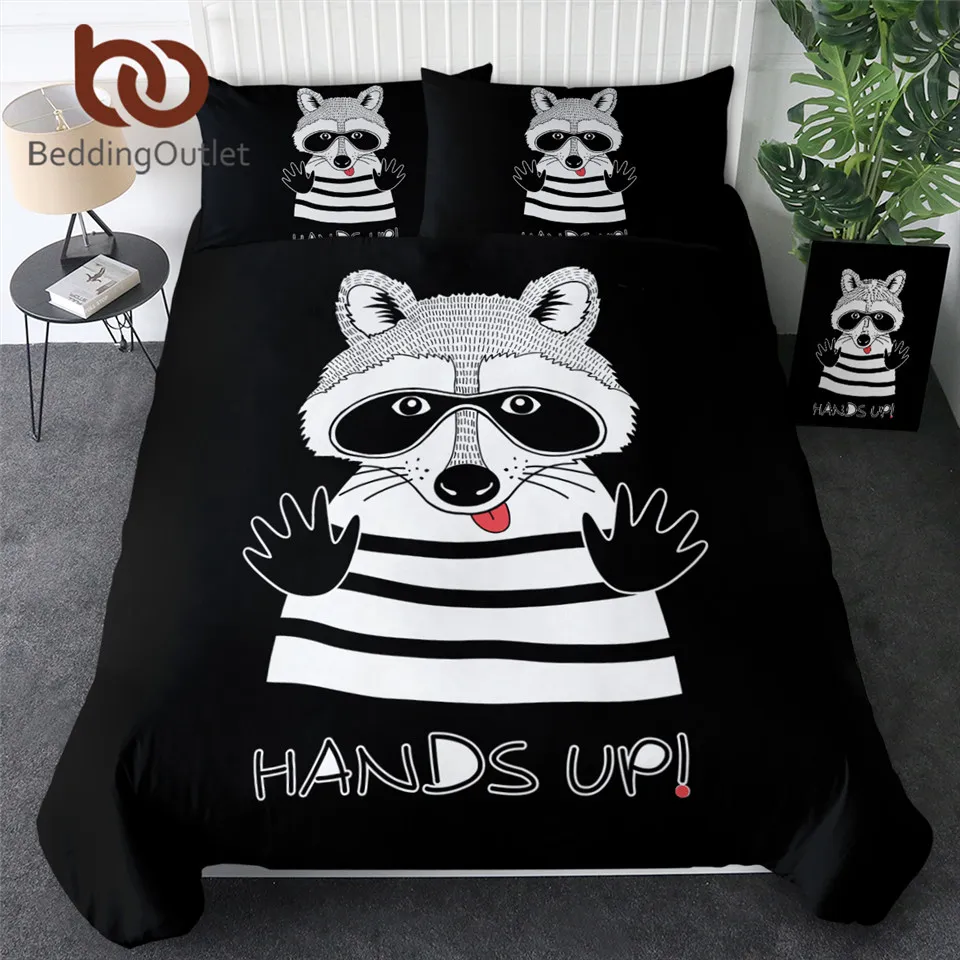 

BeddingOutlet Raccoon Bedding Set Doodle Animal Portrait Duvet Cover Kids Bedclothes Thief Mask Cartoon Home Textiles 3-Piece