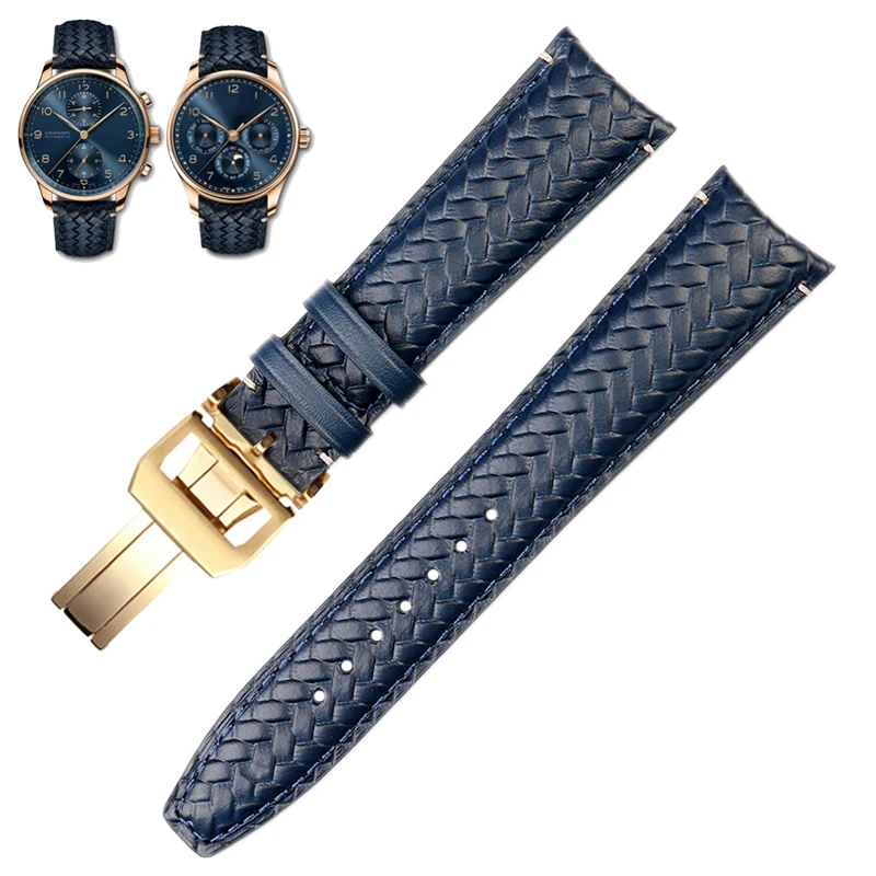 Woven Cowhide Leather Watchband For IWC IW344205 Portuguese Chronograph Pilot Portofino Folding Buckle Strap 22mm Blue Black