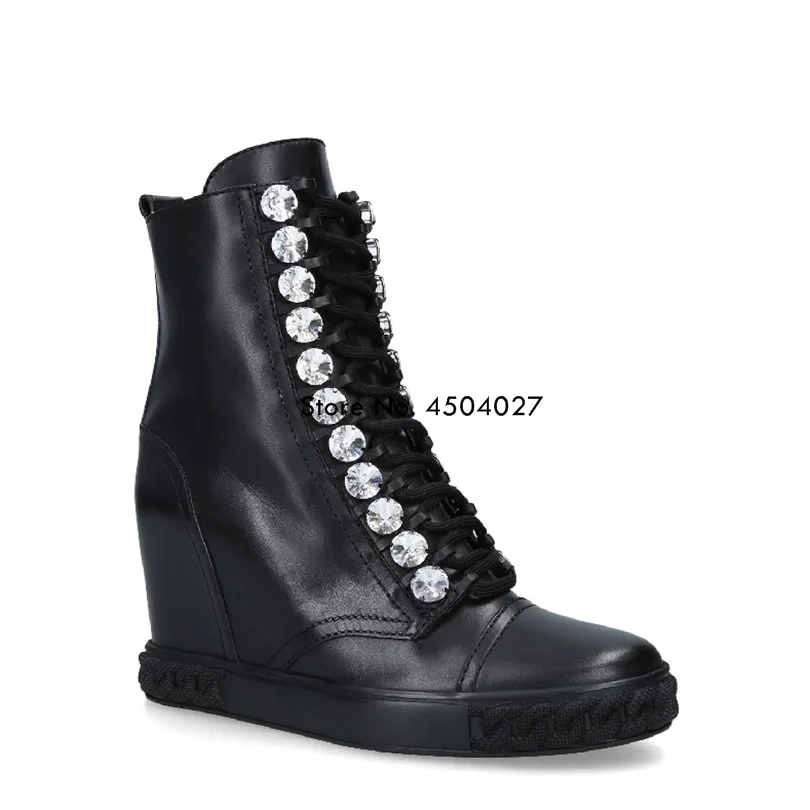 

New Fashion Black Crystal Lace-up Hidden Heel Boots Shoes Women Female Round Toe Boot Women Shoes Ankle Boot Size 35-41