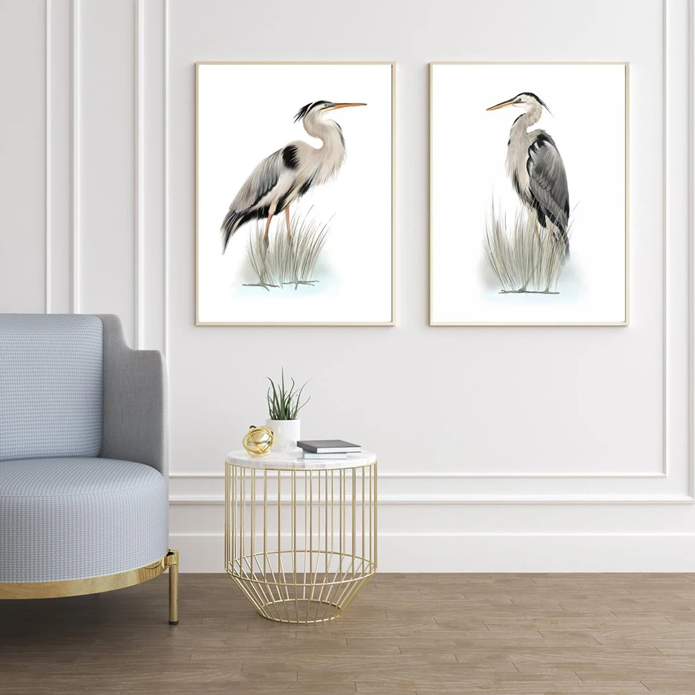 Nautical Bird Prints Vintage Grey Heron Bird Drawing Wall Art Canvas Painting Animal Poster Wall Pictures for Living Room Decor
